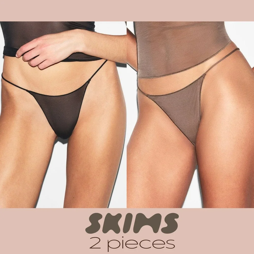 NEW $40 SKIMS [ 2PC 4X ]‎ ULTRA FINE MESH STRING Thong in Black + Truffle T2040